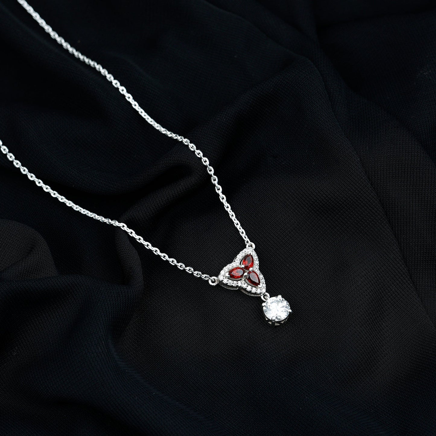 Certified Moissanite and Garnet Designer Bridal Necklace in Silver