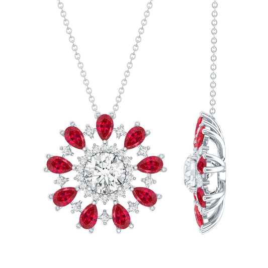 Certified 1.3 Carat Moissanite Statement Flower Necklace with Lab Grown Ruby