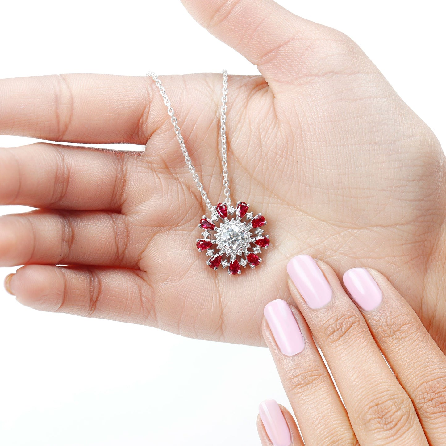 Certified 1.3 Carat Moissanite Statement Flower Necklace with Lab Grown Ruby