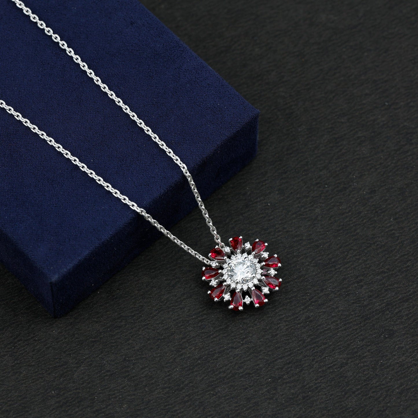 Certified 1.3 Carat Moissanite Statement Flower Necklace with Lab Grown Ruby