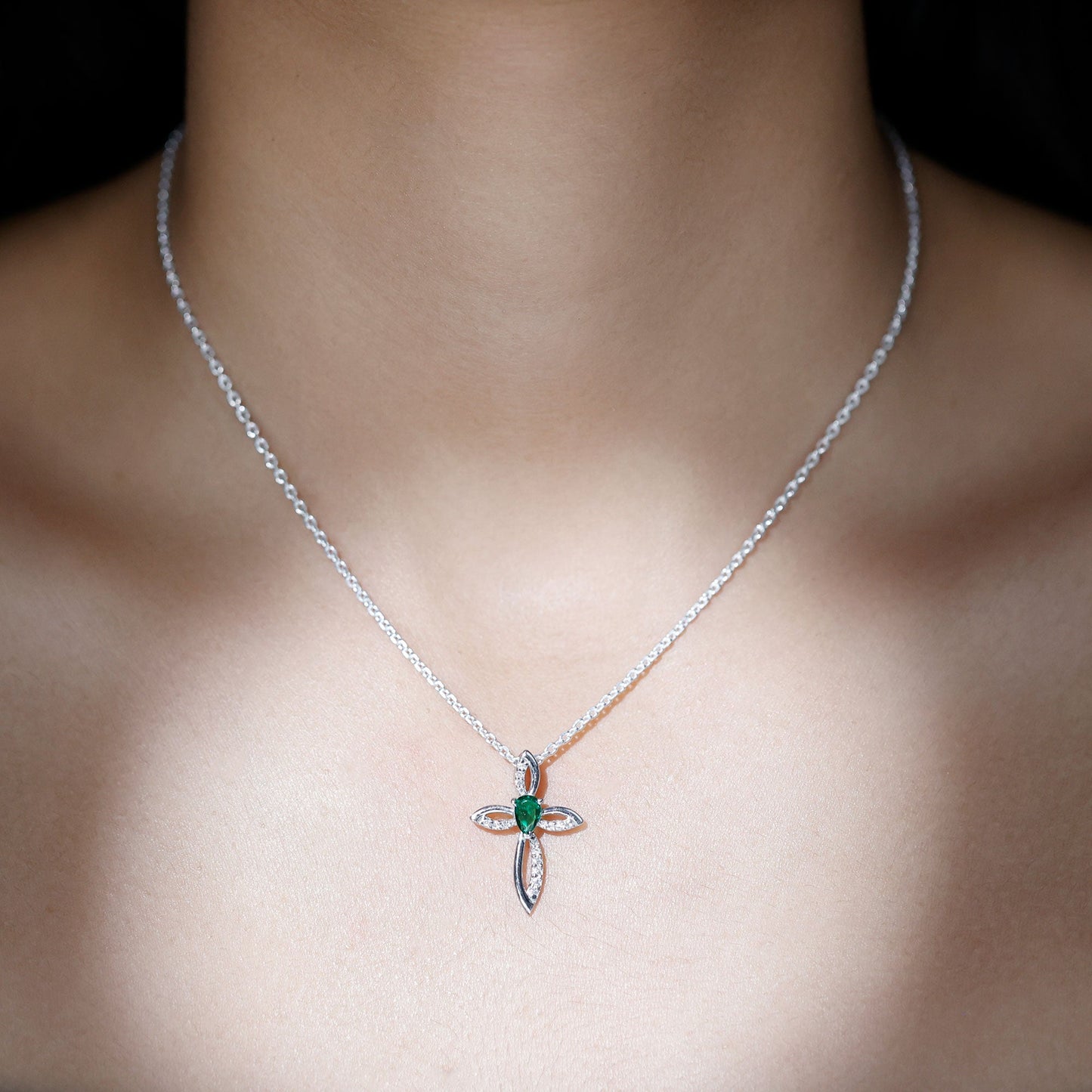 Pear Shape Lab Emerald Cross Locket with Silver Chain