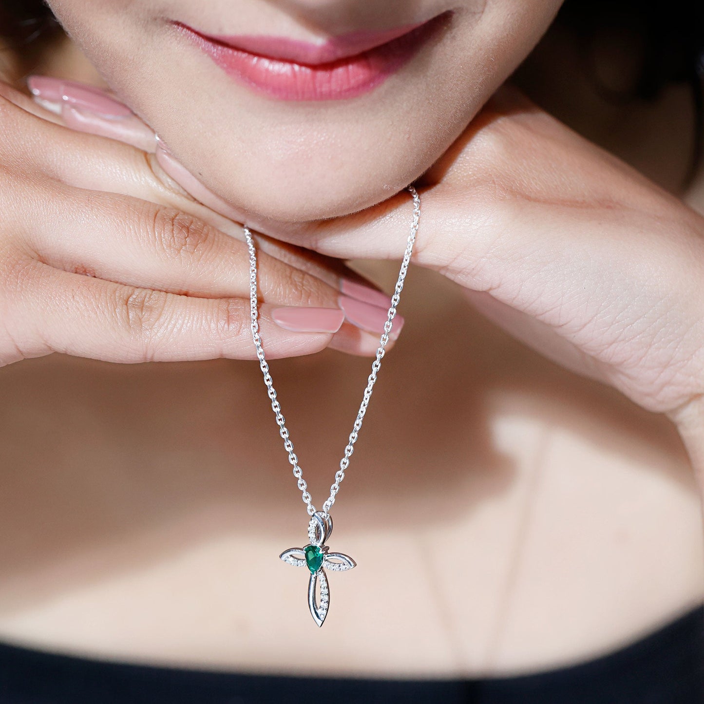 Pear Shape Lab Emerald Cross Locket with Silver Chain