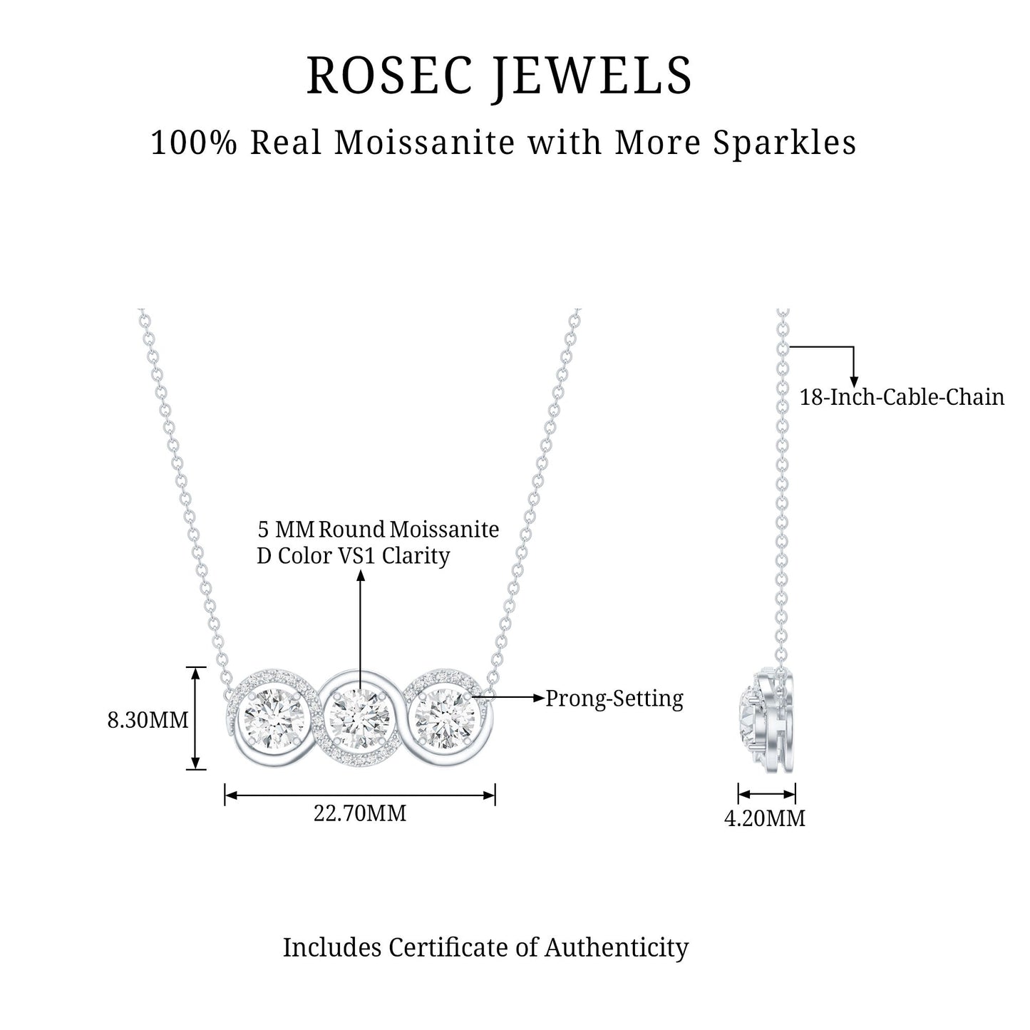 Certified Round Moissanite 3 Stone Bar Necklace with Silver Chain
