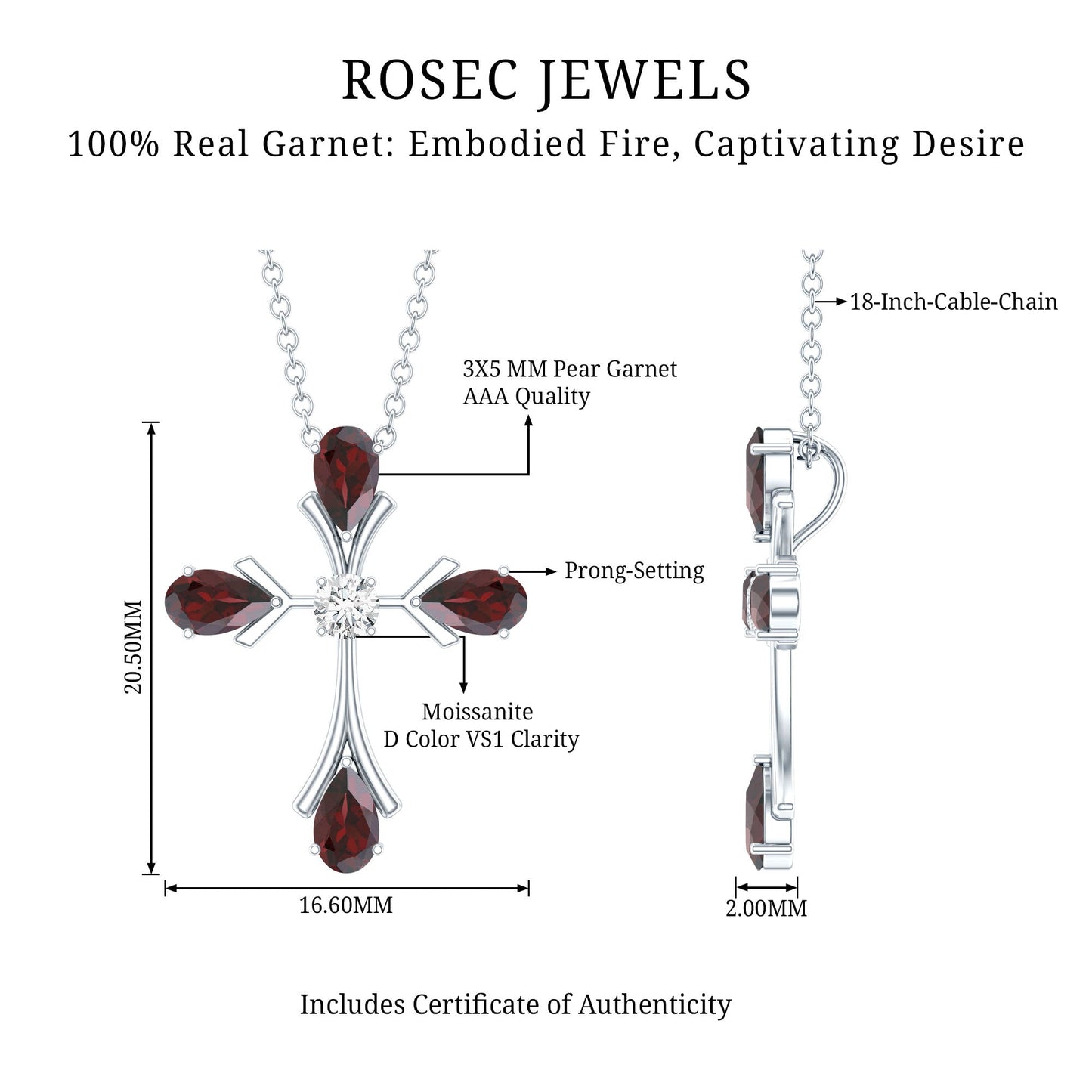 Real Garnet Designer Cross Necklace with Silver Chain
