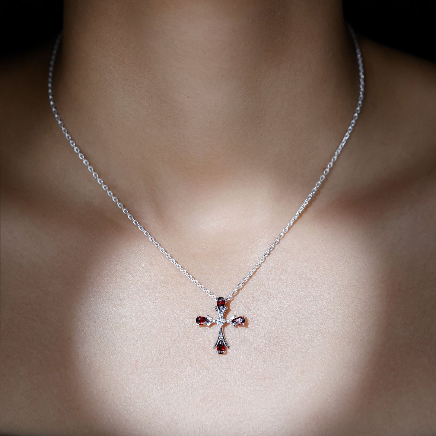 Real Garnet Designer Cross Necklace with Silver Chain