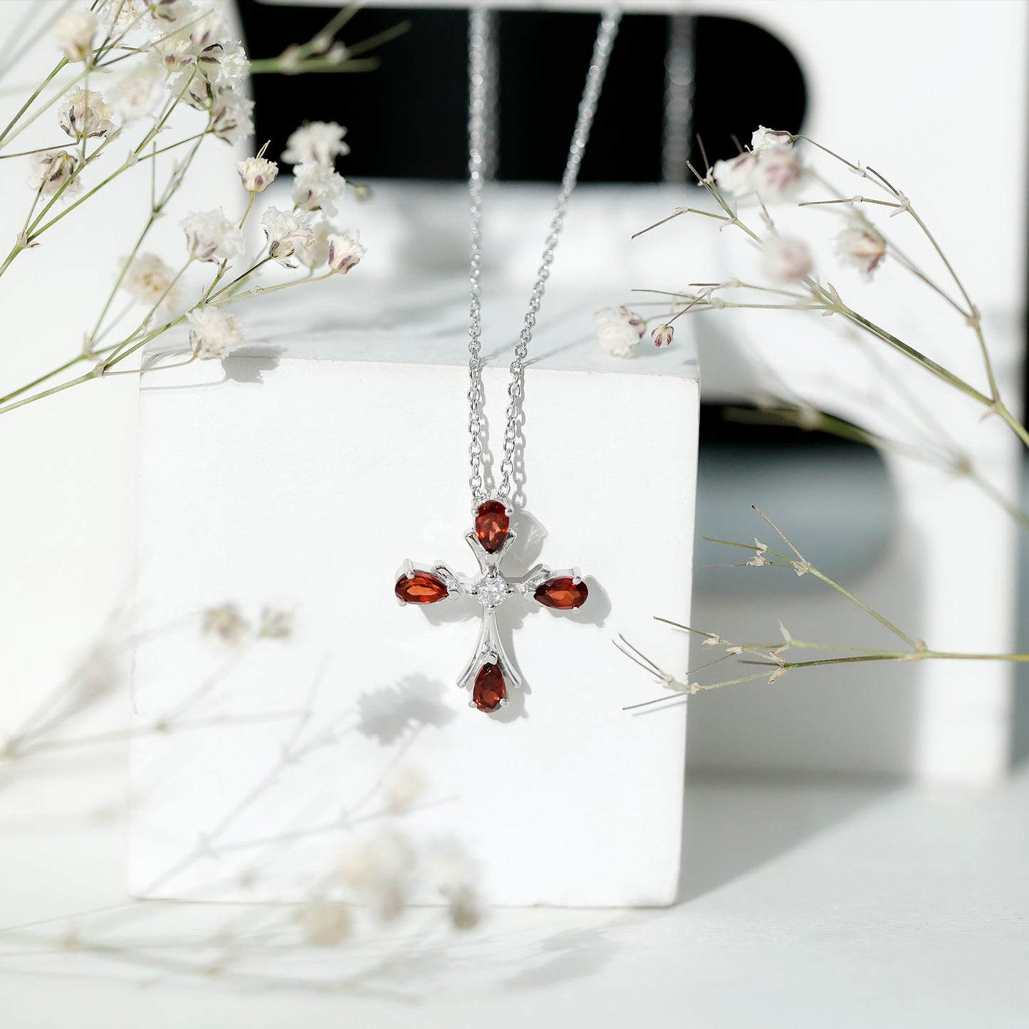 Real Garnet Designer Cross Necklace with Silver Chain