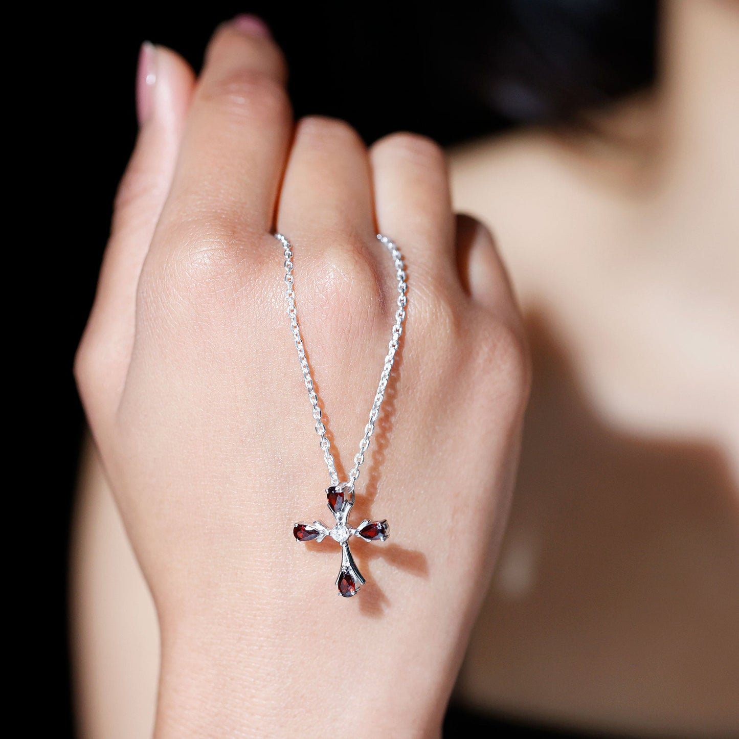 Real Garnet Designer Cross Necklace with Silver Chain