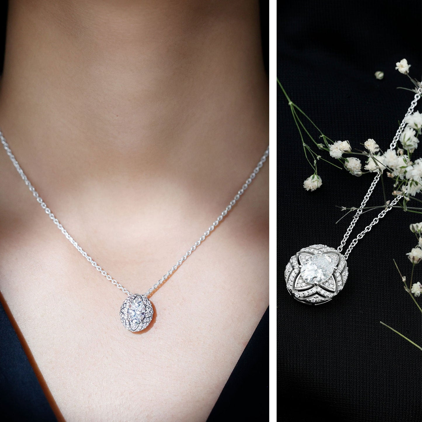 Art Deco Style 2 Carat Moissanite Designer Necklace with Silver Chain