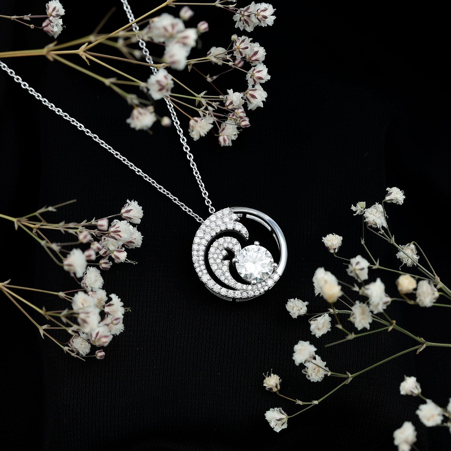 Certified Moissanite Ocean Wave Necklace with Silver Chain