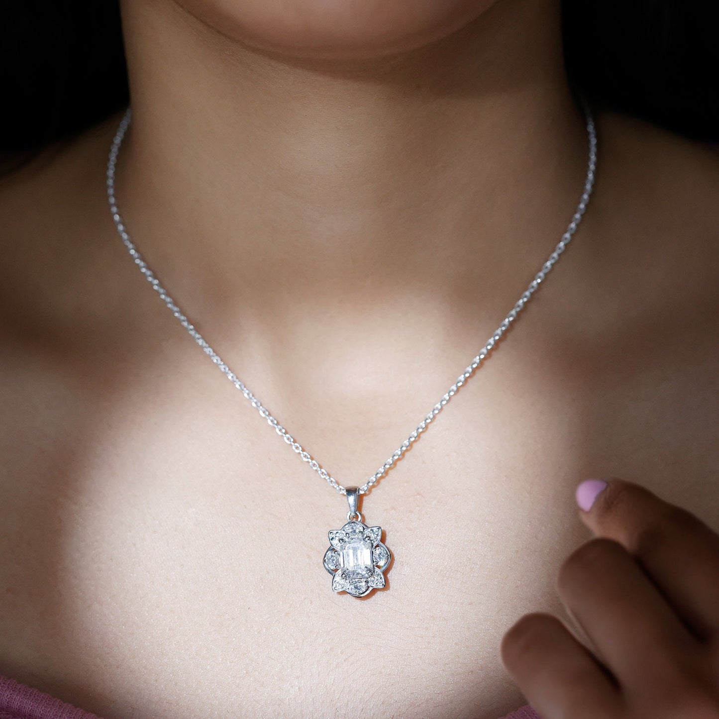 Certified 2.8 Carat Emerald Cut Moissanite Designer Necklace With Silver Chain