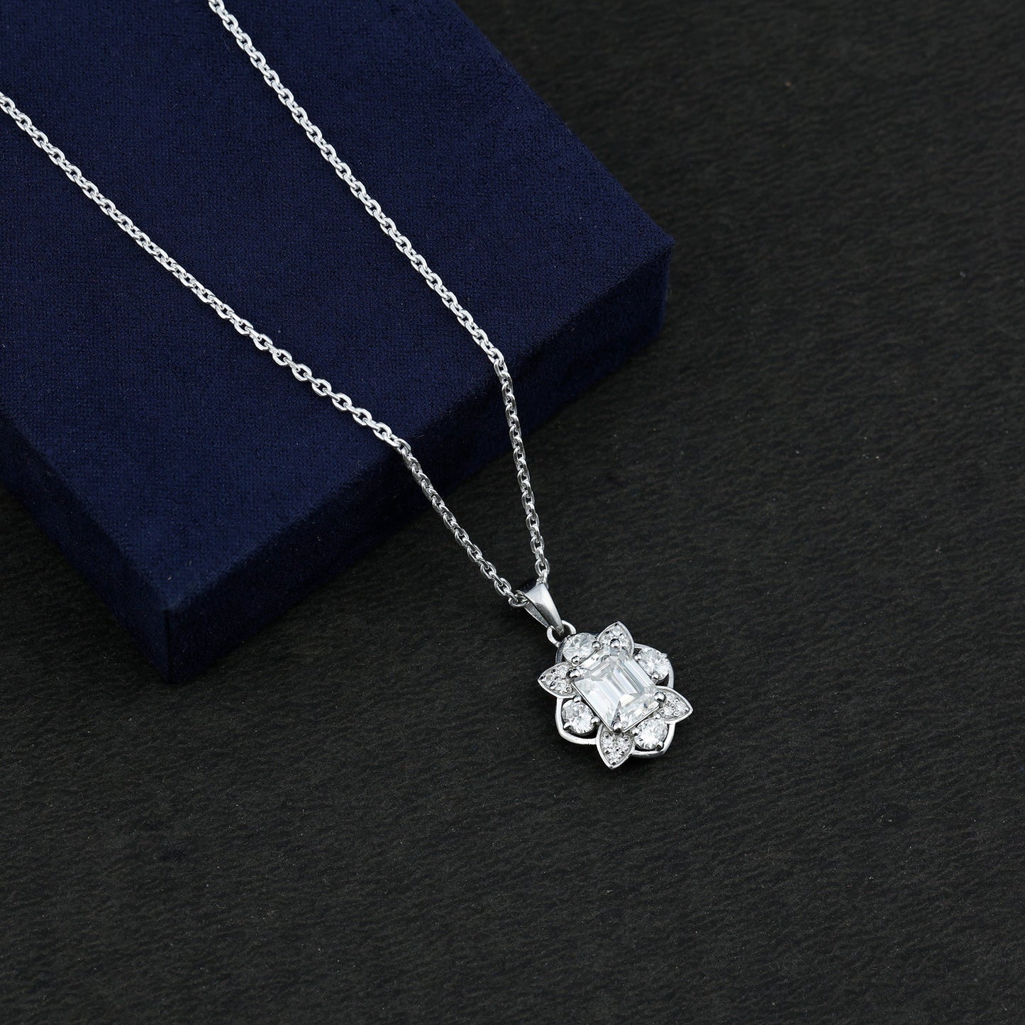 Certified 2.8 Carat Emerald Cut Moissanite Designer Necklace With Silver Chain