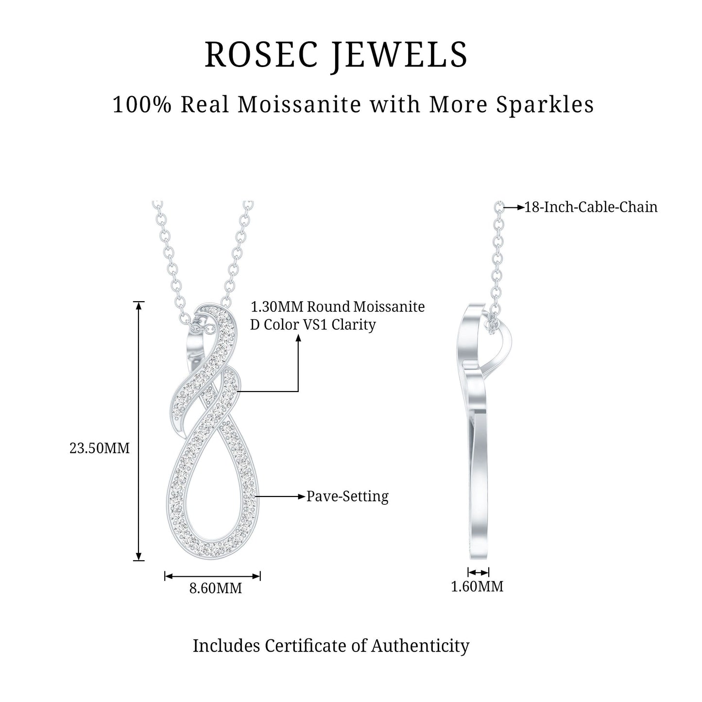 Certified Moissanite Infinity Pendant Necklace with Silver Chain