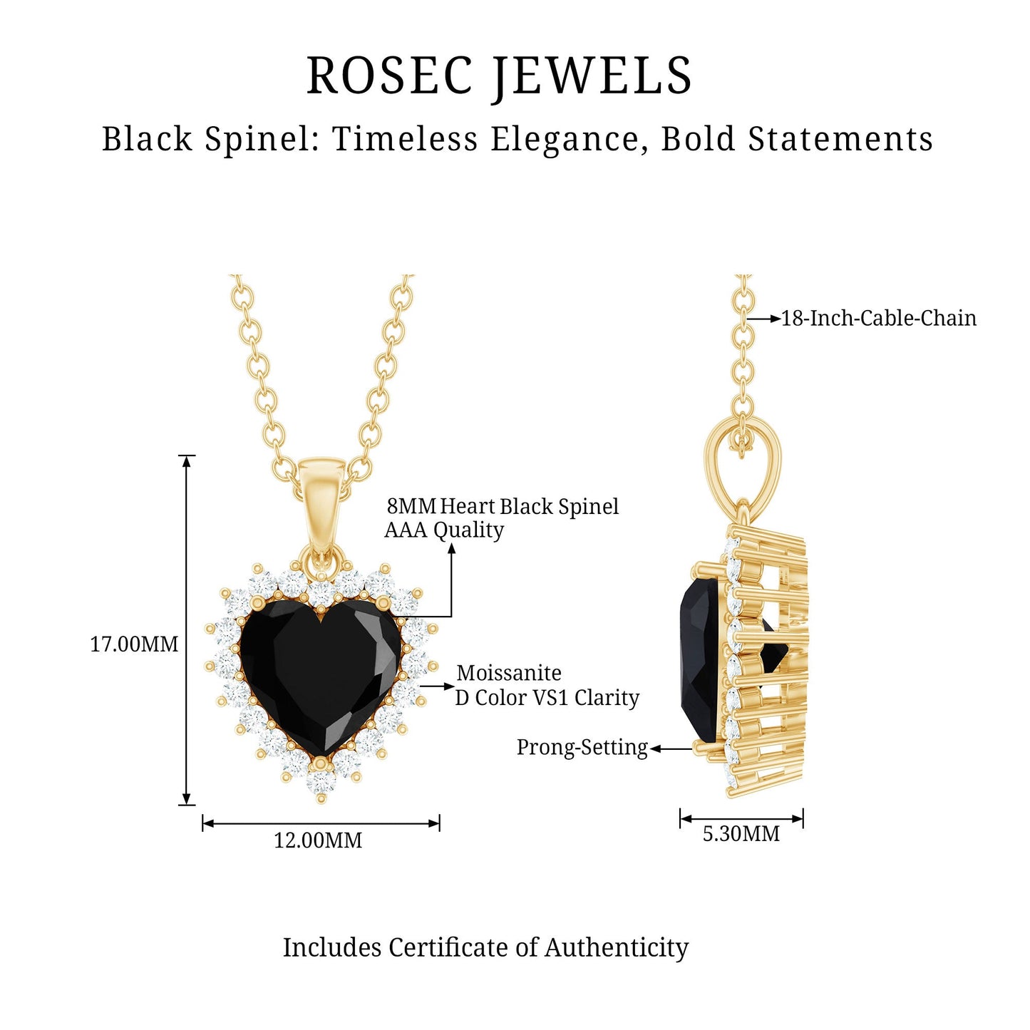 Natural Black Spinel Heart Shape Necklace with Moissanite Halo