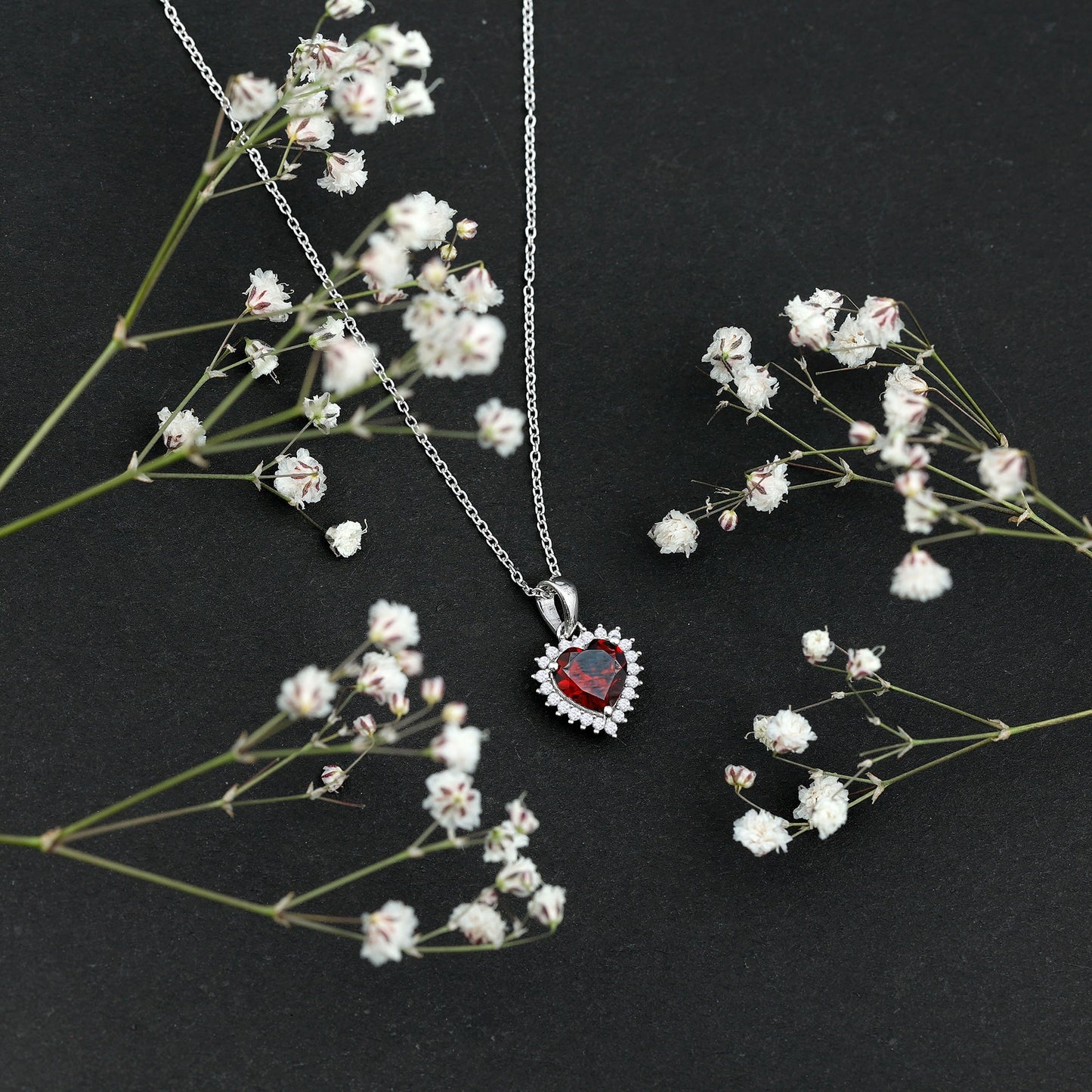 Garnet Heart Pendant Necklace with Moissanite Halo