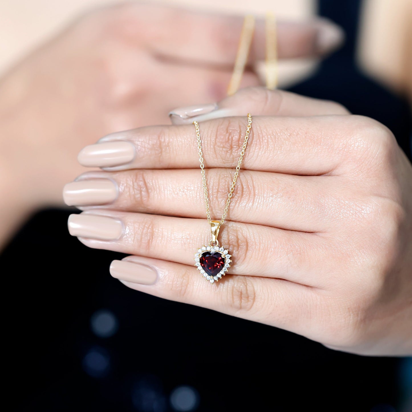 Garnet Heart Pendant Necklace with Moissanite Halo
