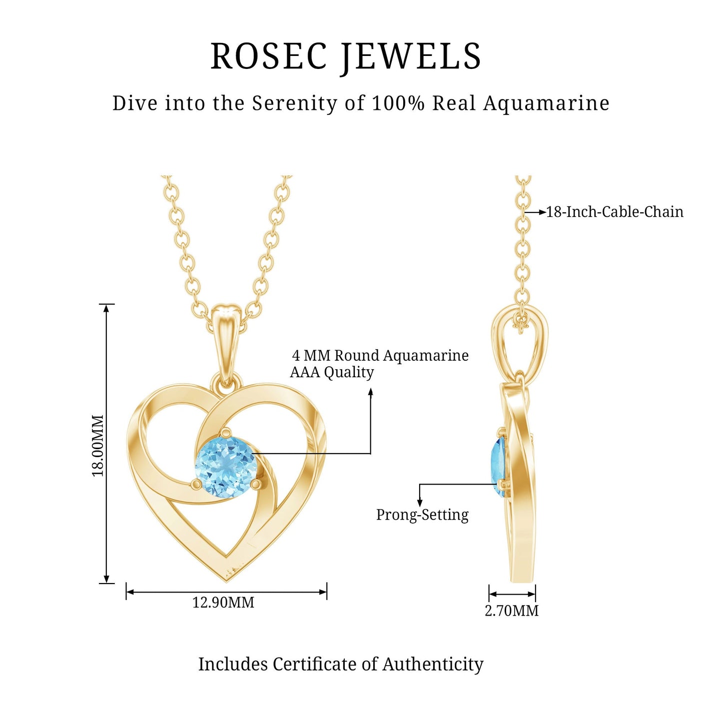 March Birthstone Aquamarine Solitaire Heart Necklace With Chain