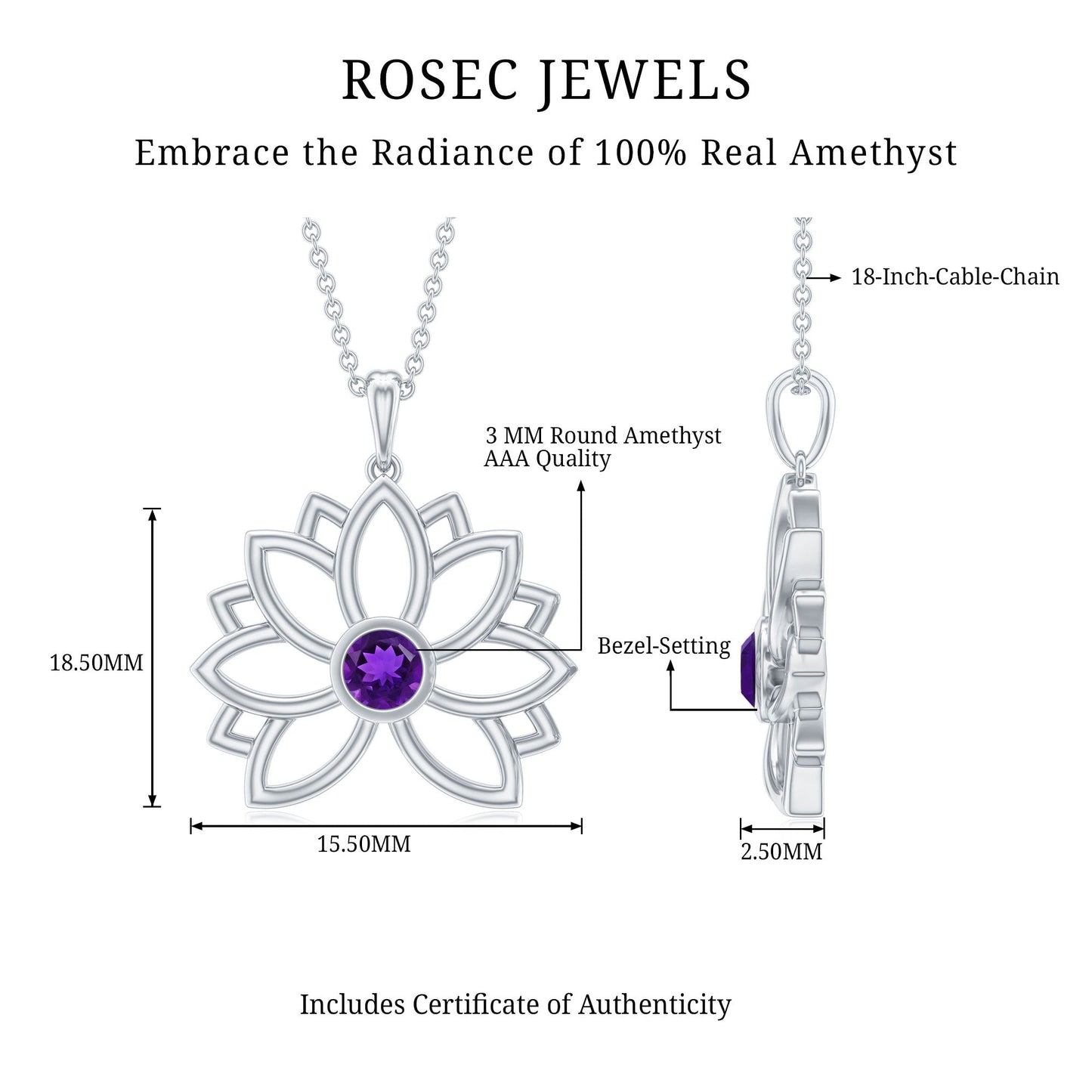 Amethyst Lotus Flower Necklace for Women