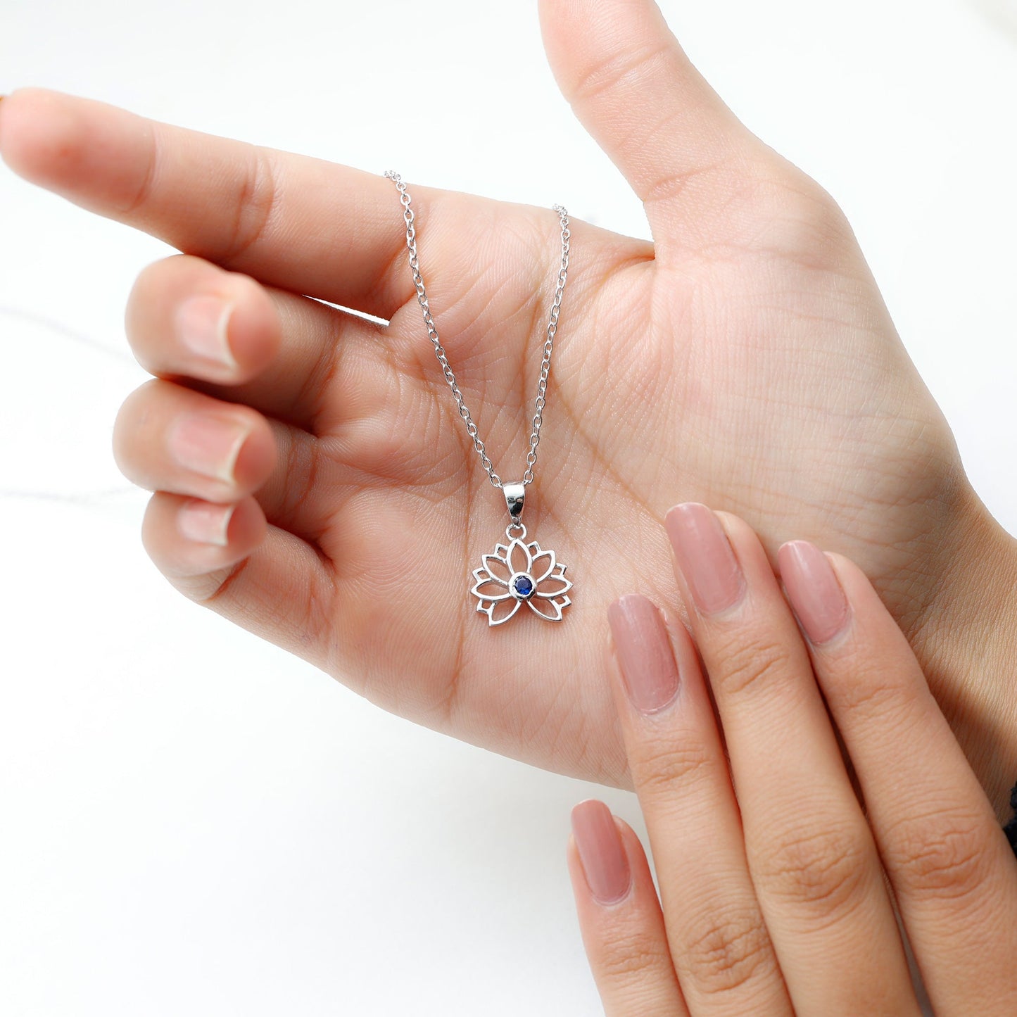 Lab Grown Blue Sapphire Lotus Flower Necklace With Chain