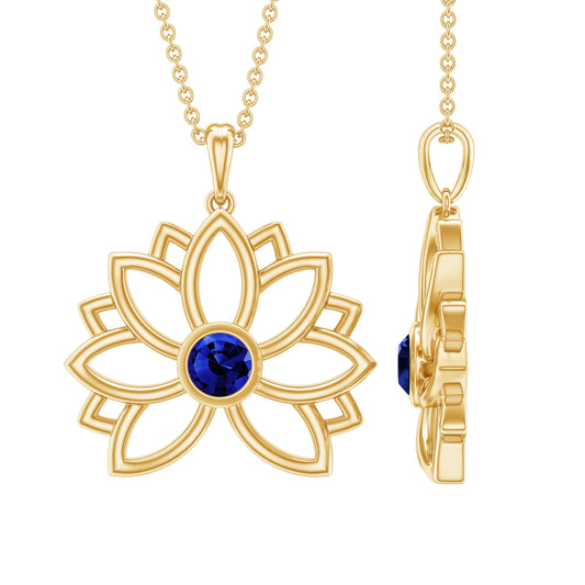 Lab Grown Blue Sapphire Lotus Flower Necklace With Chain