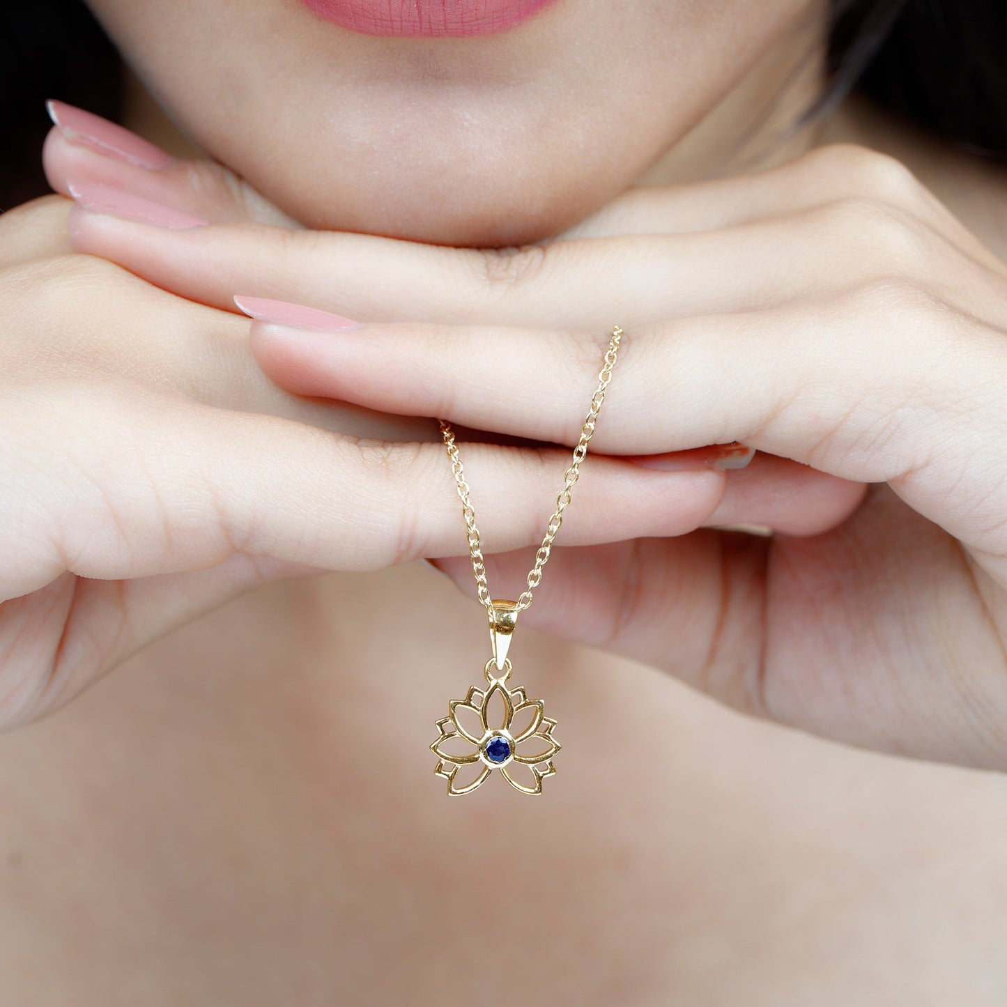 Lab Grown Blue Sapphire Lotus Flower Necklace With Chain