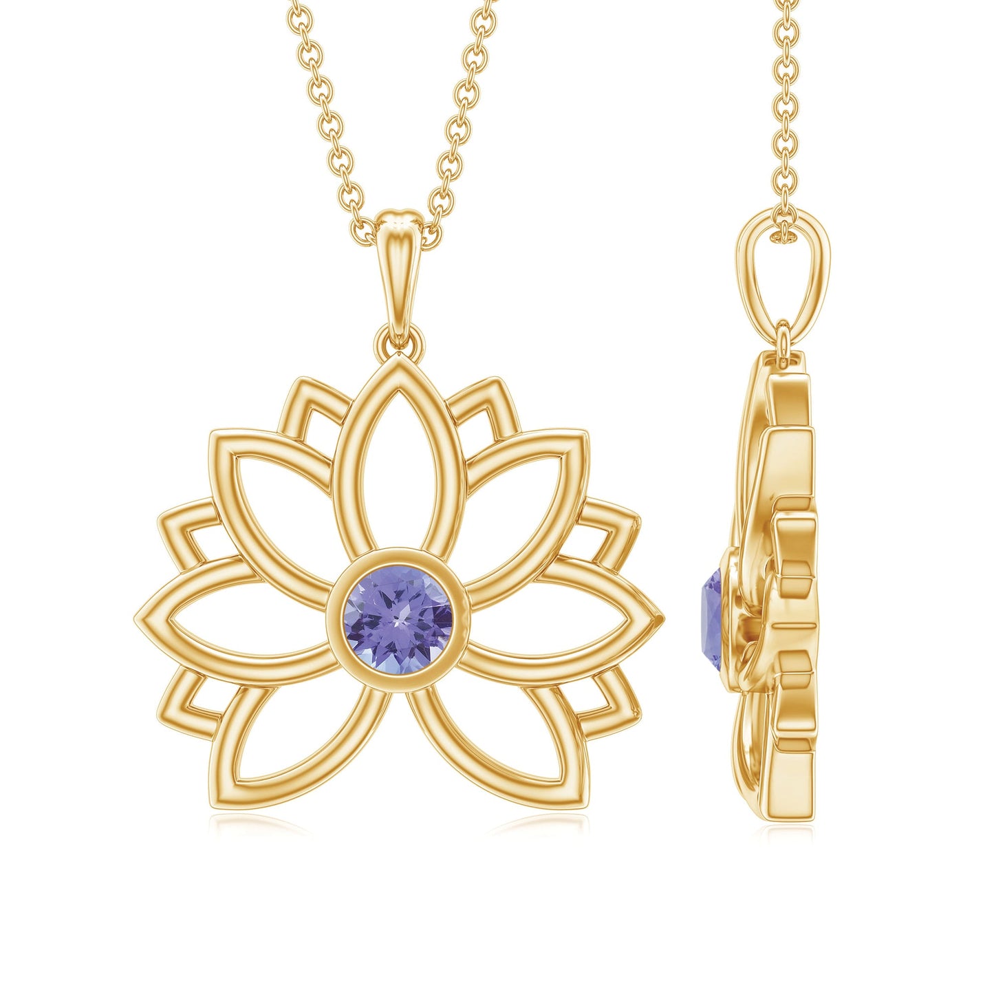 Bezel Set Tanzanite Lotus Flower Pendant Necklace
