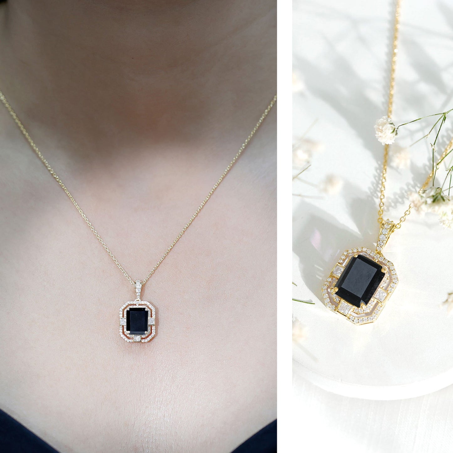 Vintage Inspired 3.4 Carat Emerald Cut Synthetic Black Diamond Pendant Necklace