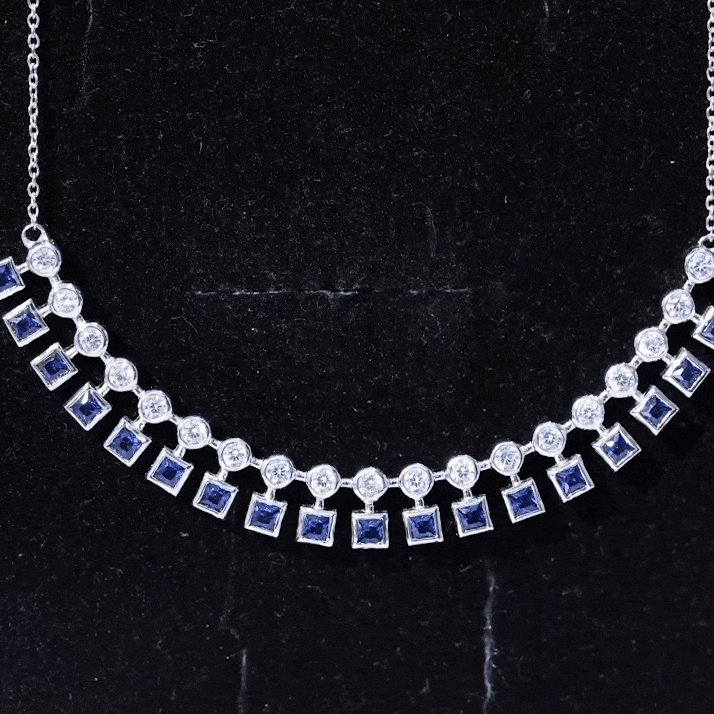 Princess Cut Lab Grown Blue Sapphire Statement Necklace With Certificate