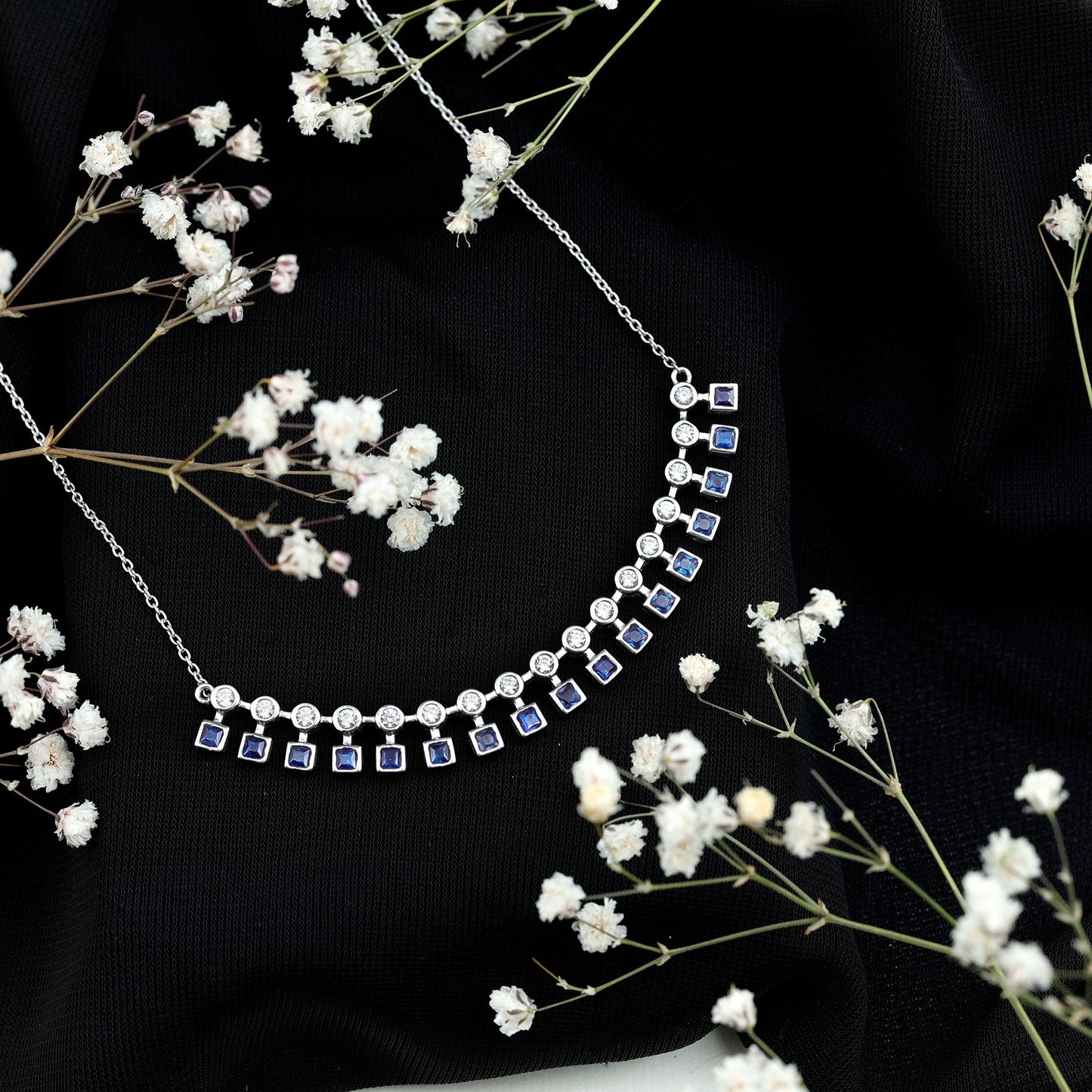 Princess Cut Lab Grown Blue Sapphire Statement Necklace With Certificate
