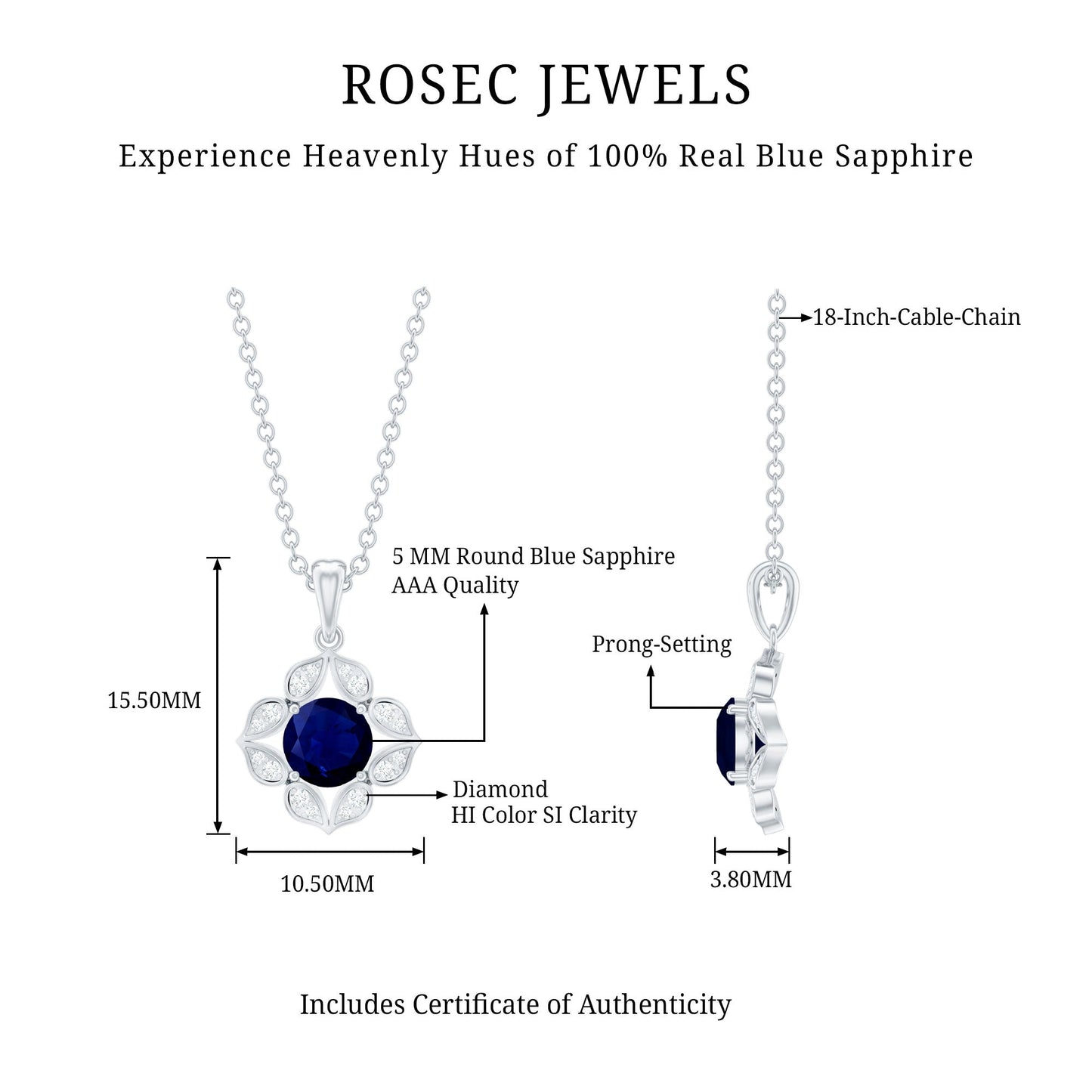 Genuine Blue Sapphire Flower Pendant Necklace with Diamond
