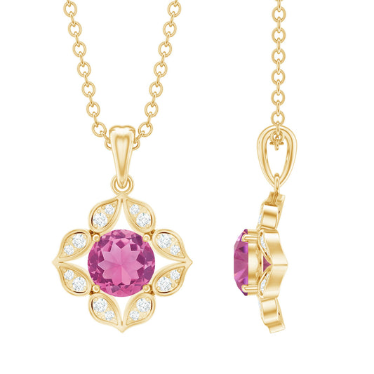 Antique Style Natural Pink Tourmaline Flower Pendant with Diamond