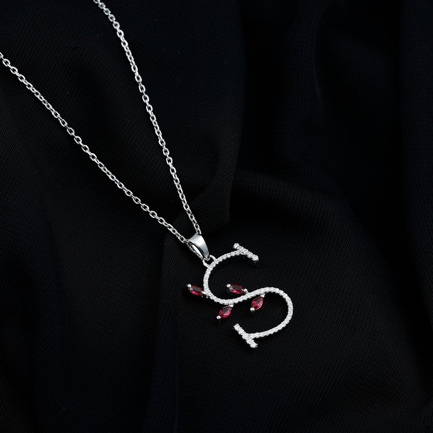Lab Grown Ruby and Diamond Necklace with Letter S