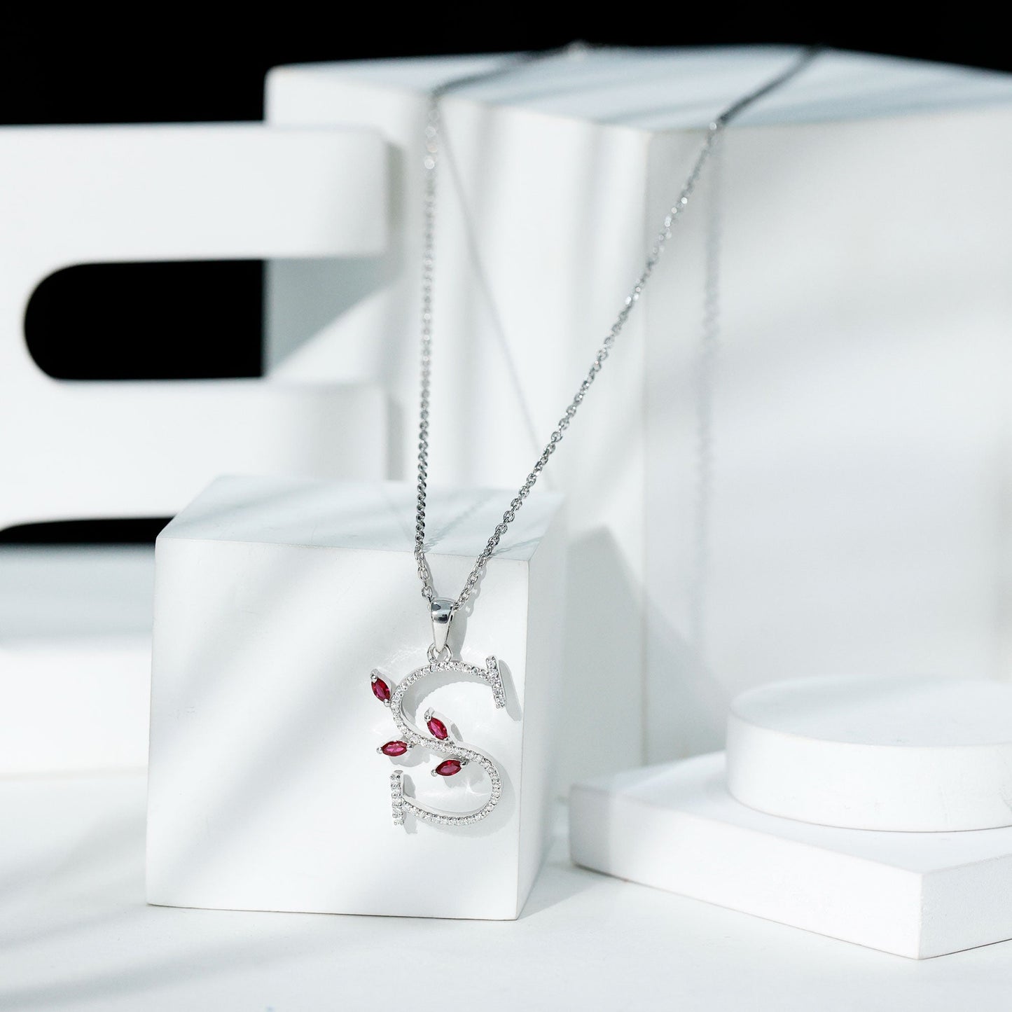 Lab Grown Ruby and Diamond Necklace with Letter S