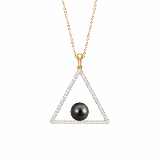 Diamond Open Triangle Pendant Necklace with Black Tahitian Pearl