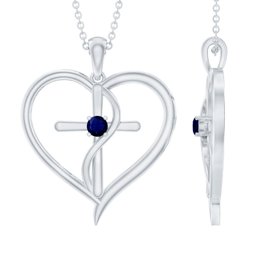 Natural Blue Sapphire Heart Cross Necklace in 14k Gold Plated Silver