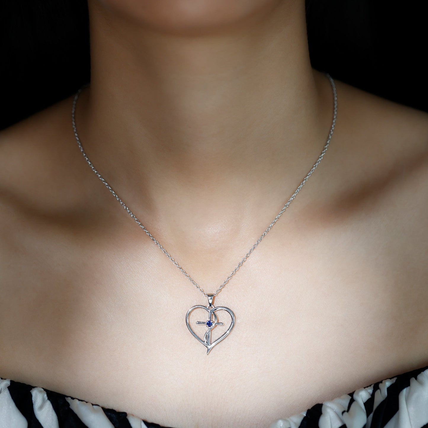Natural Blue Sapphire Cross Heart Necklace for Women