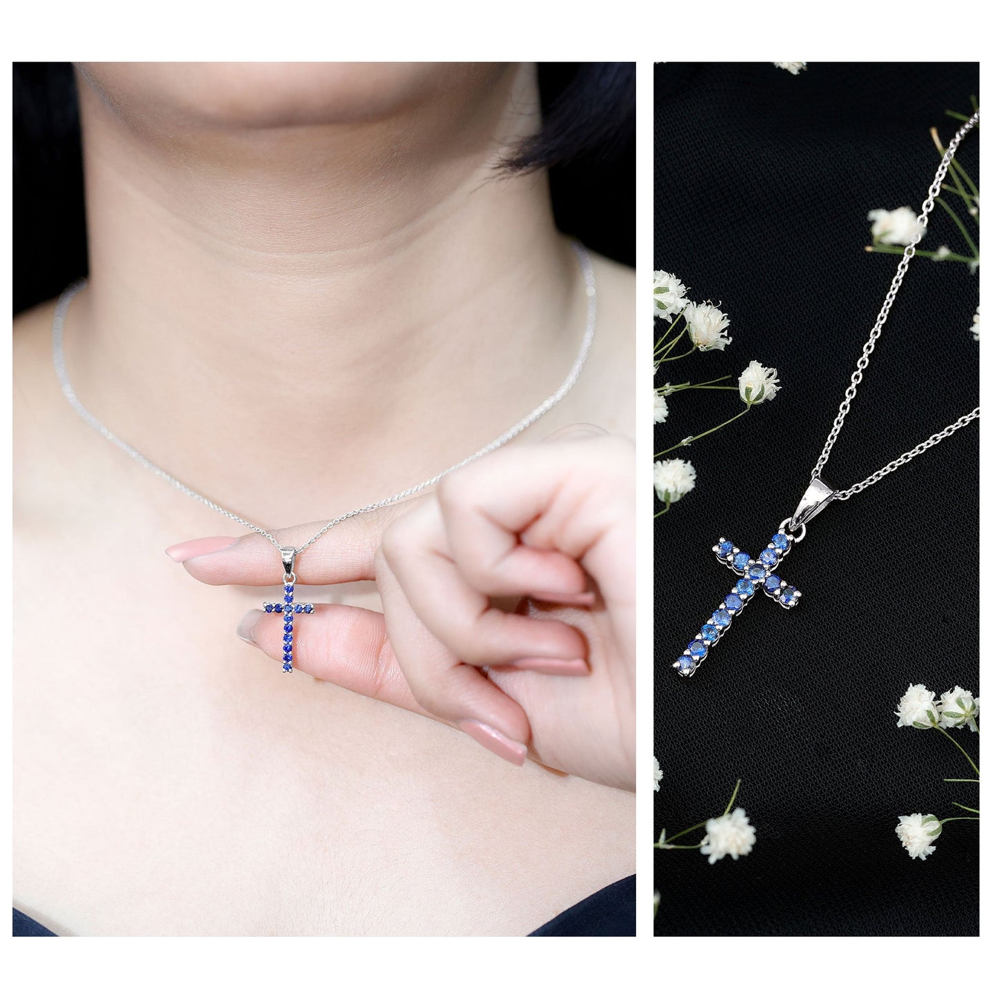 Genuine Blue Sapphire Cross Pendant Necklace with Chain