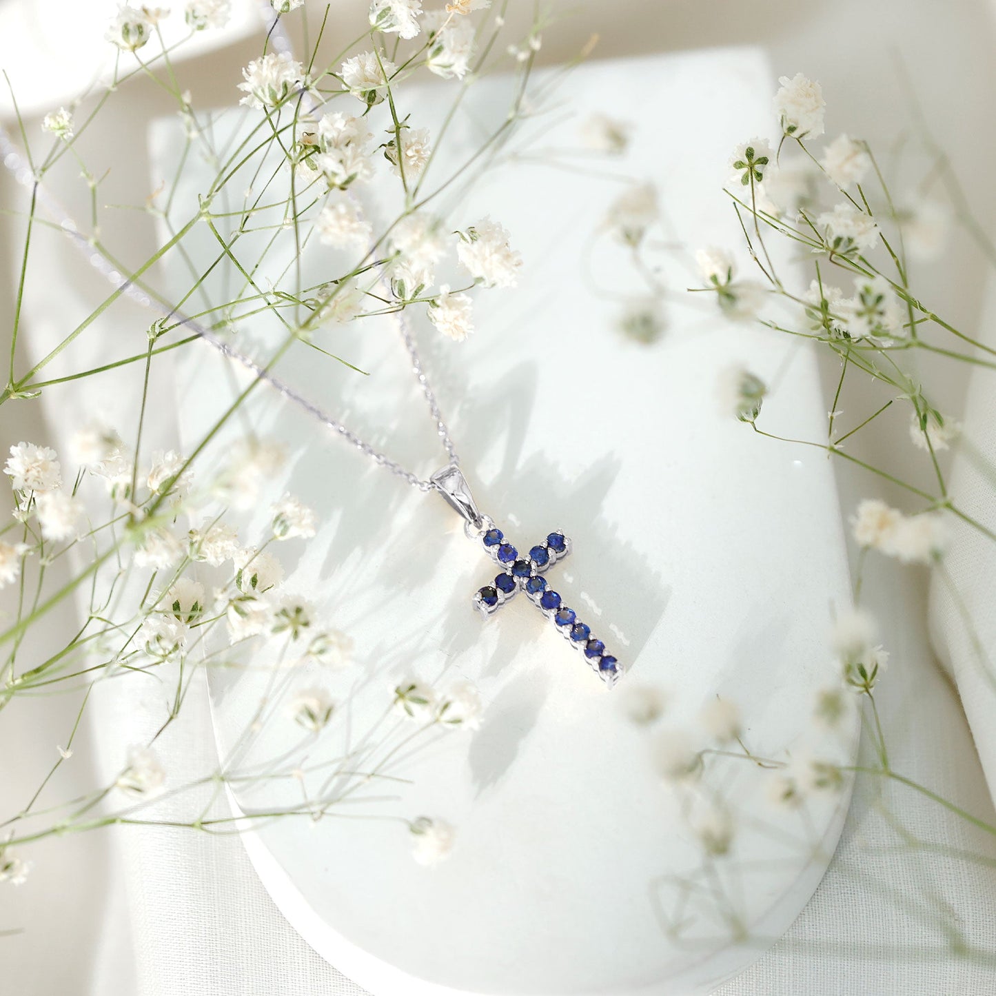 Genuine Blue Sapphire Cross Pendant Necklace with Chain