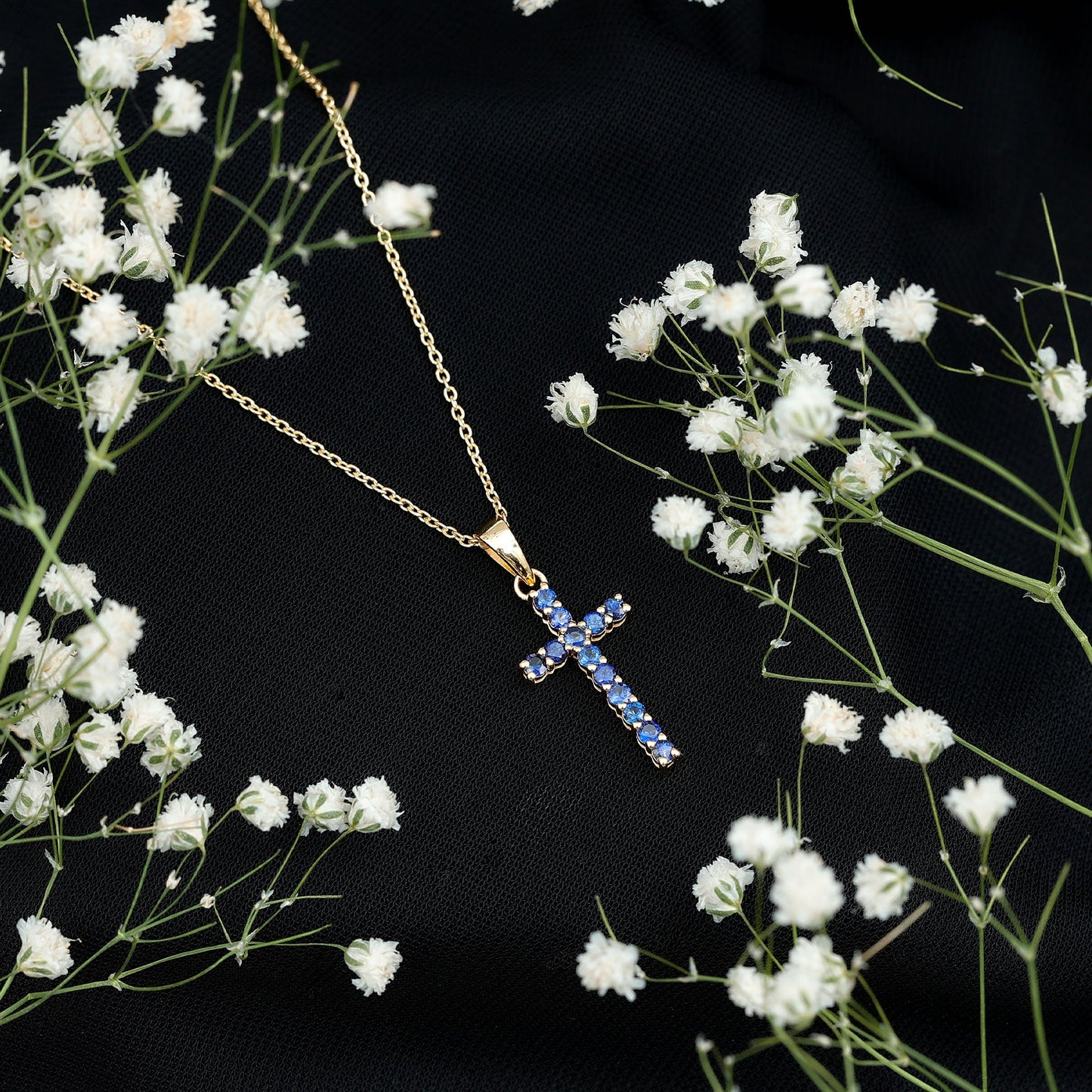Genuine Blue Sapphire Cross Pendant Necklace with Chain