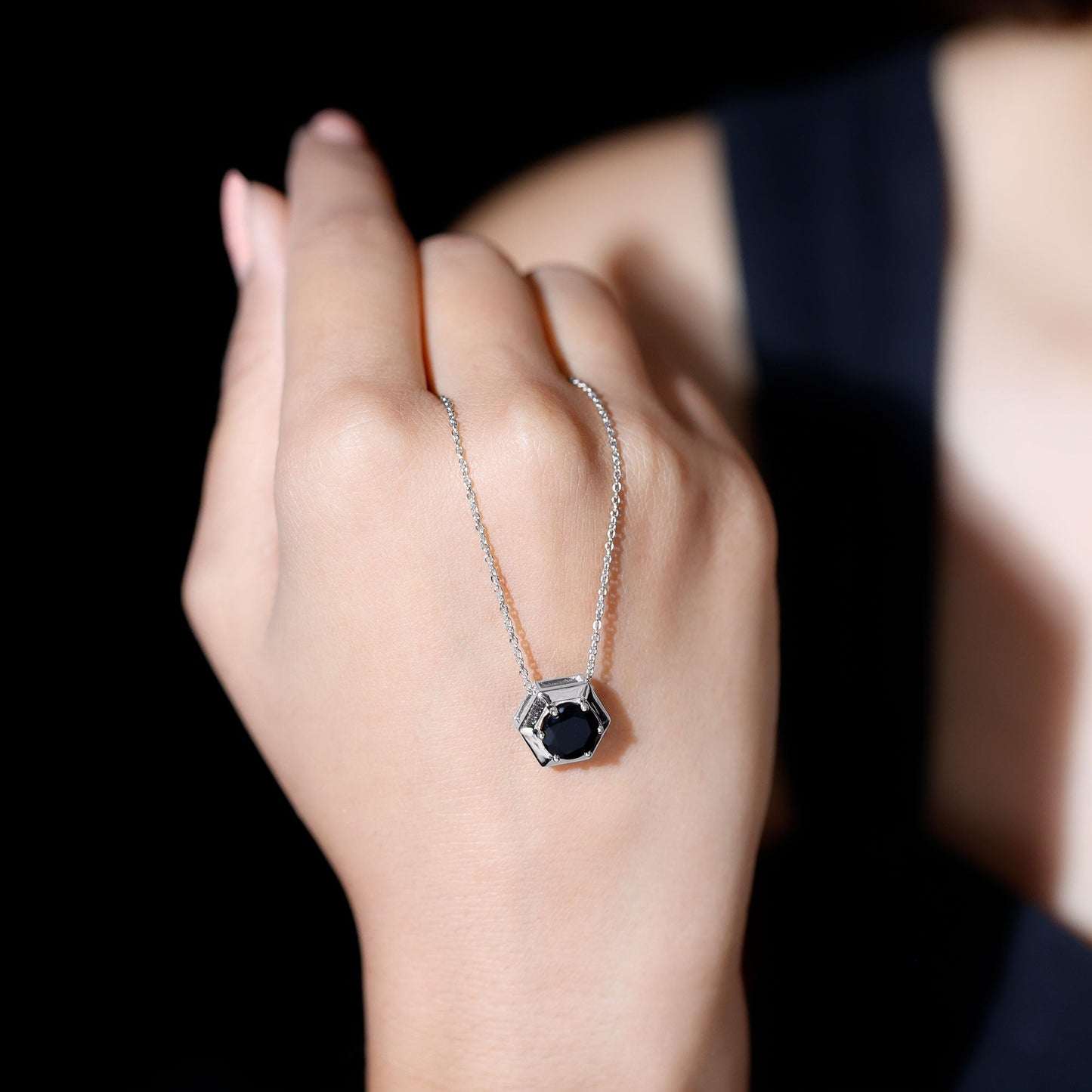Lab Grown Black Diamond Hexagon Pendant Necklace