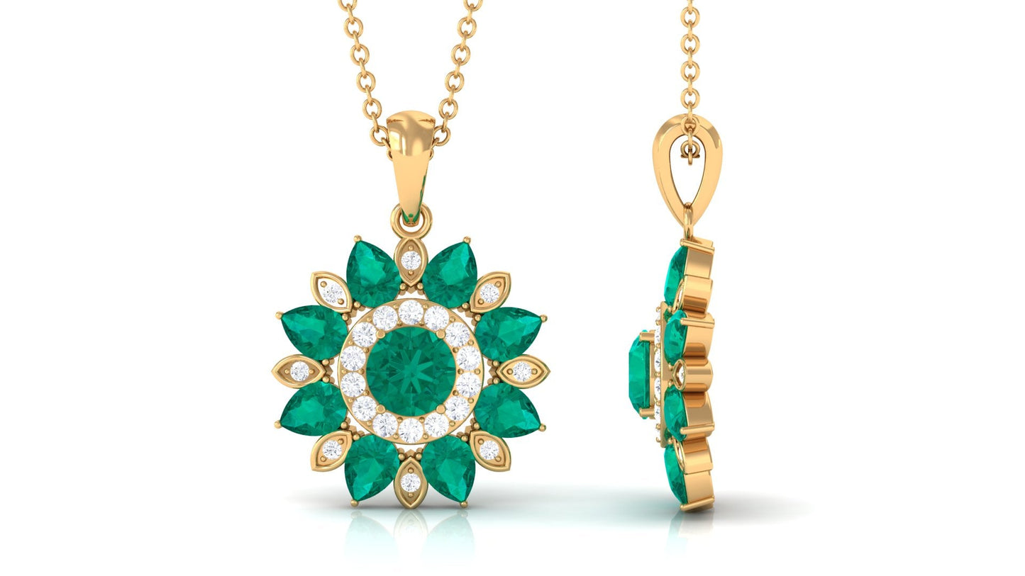 Real Emerald Statement Flower Pendant Necklace with Diamond