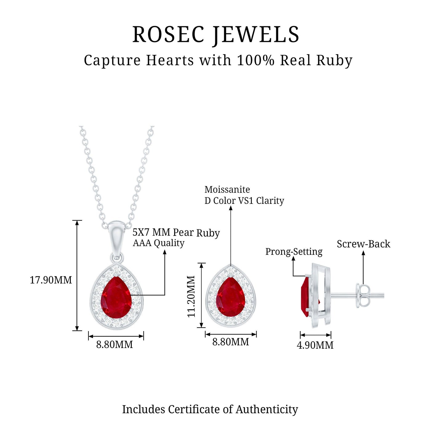 Genuine Pear Cut Ruby and Moissanite Halo Pendant and Earrings Set