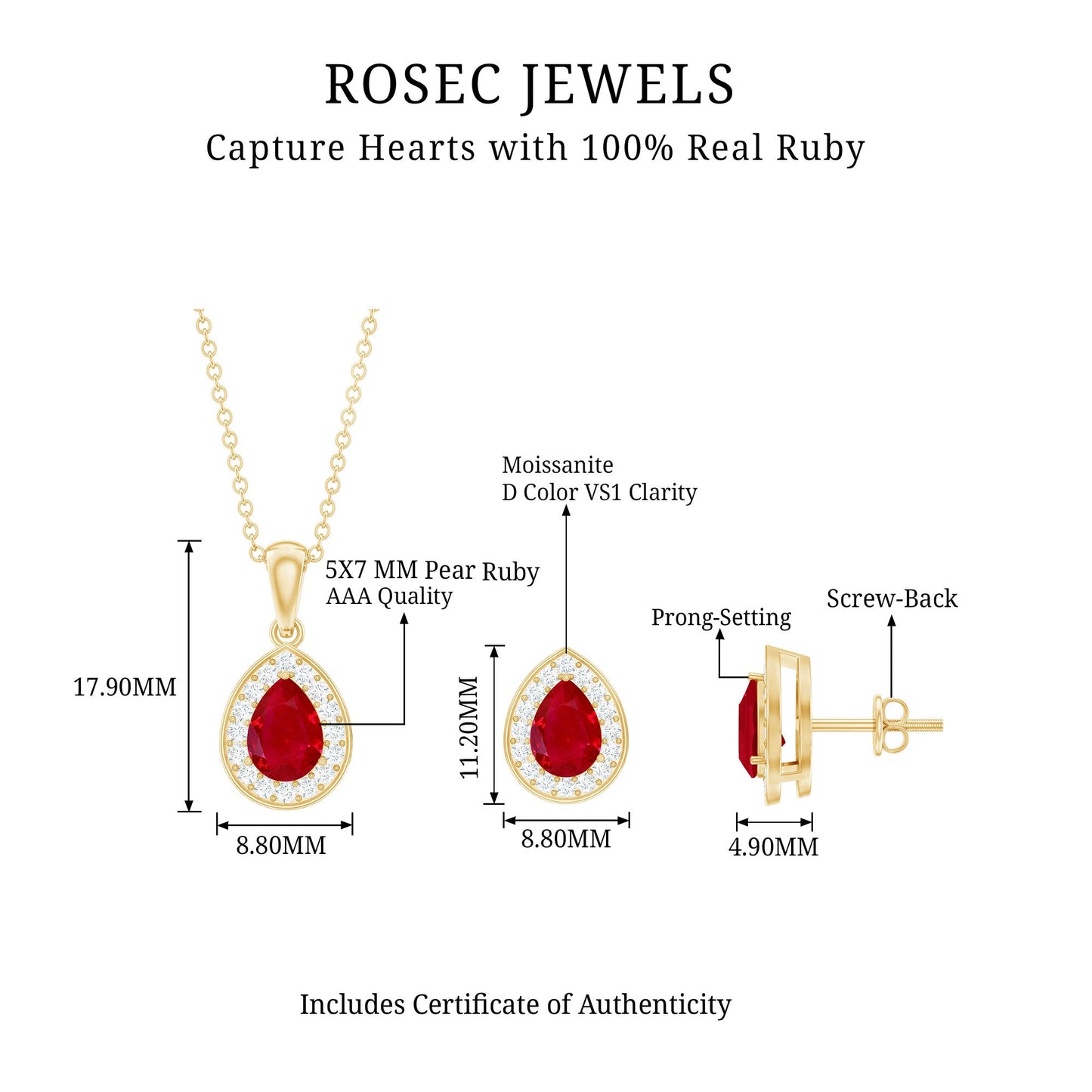 Genuine Pear Cut Ruby and Moissanite Halo Pendant and Earrings Set