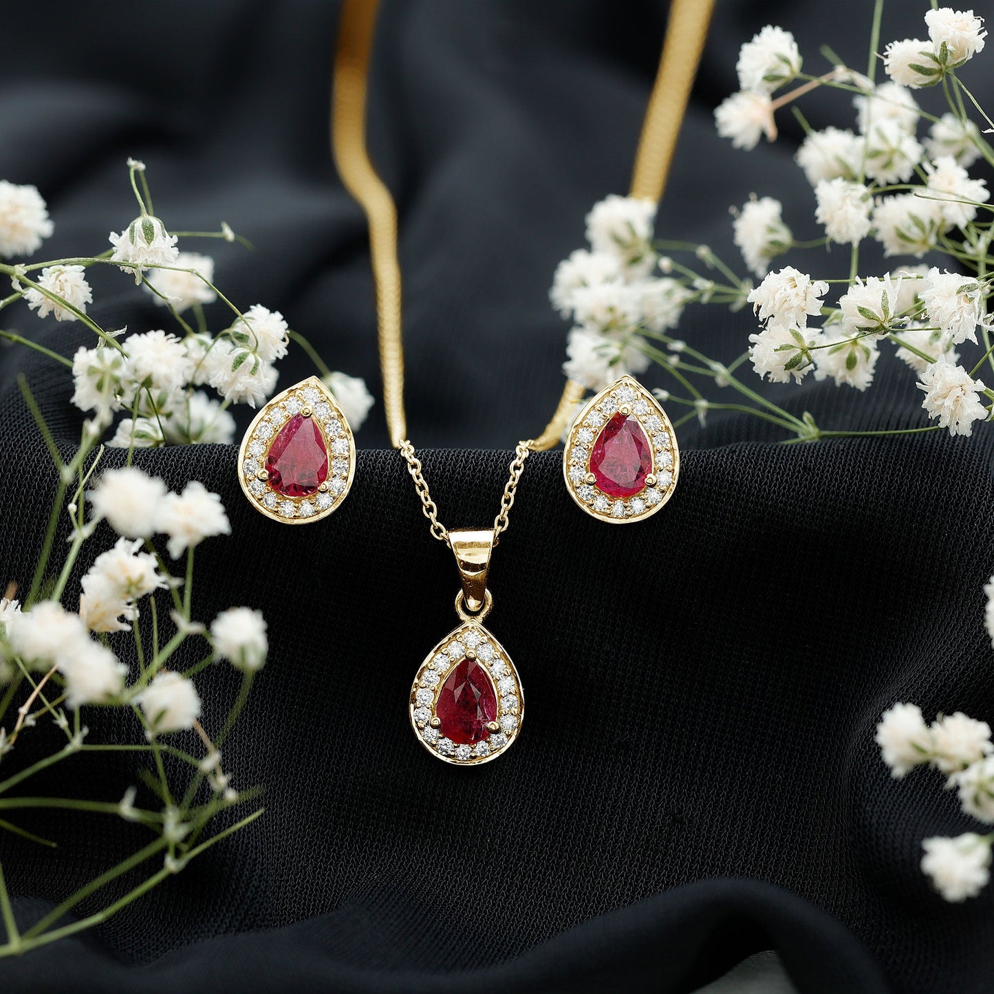 Genuine Pear Cut Ruby and Moissanite Halo Pendant and Earrings Set