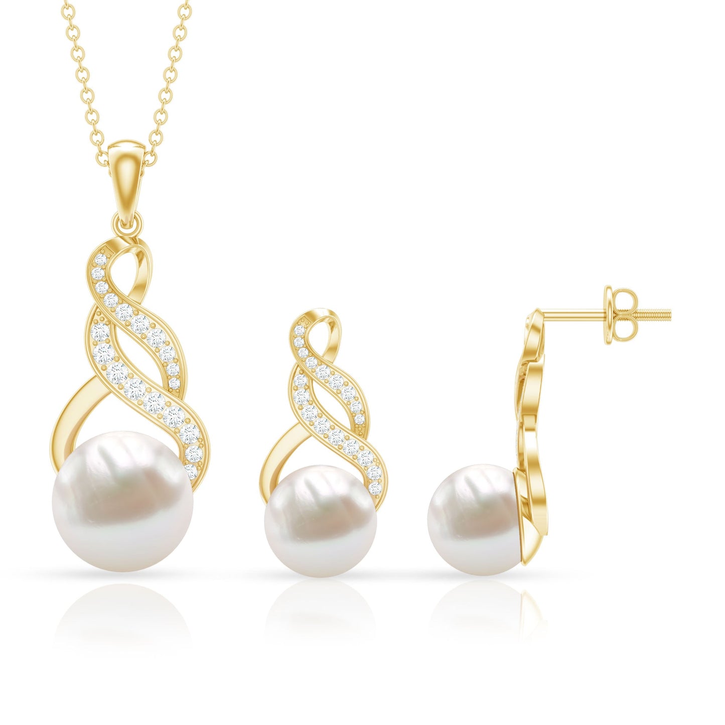 Round Freshwater Pearl and Diamond Bridal Drop Jewelry Set