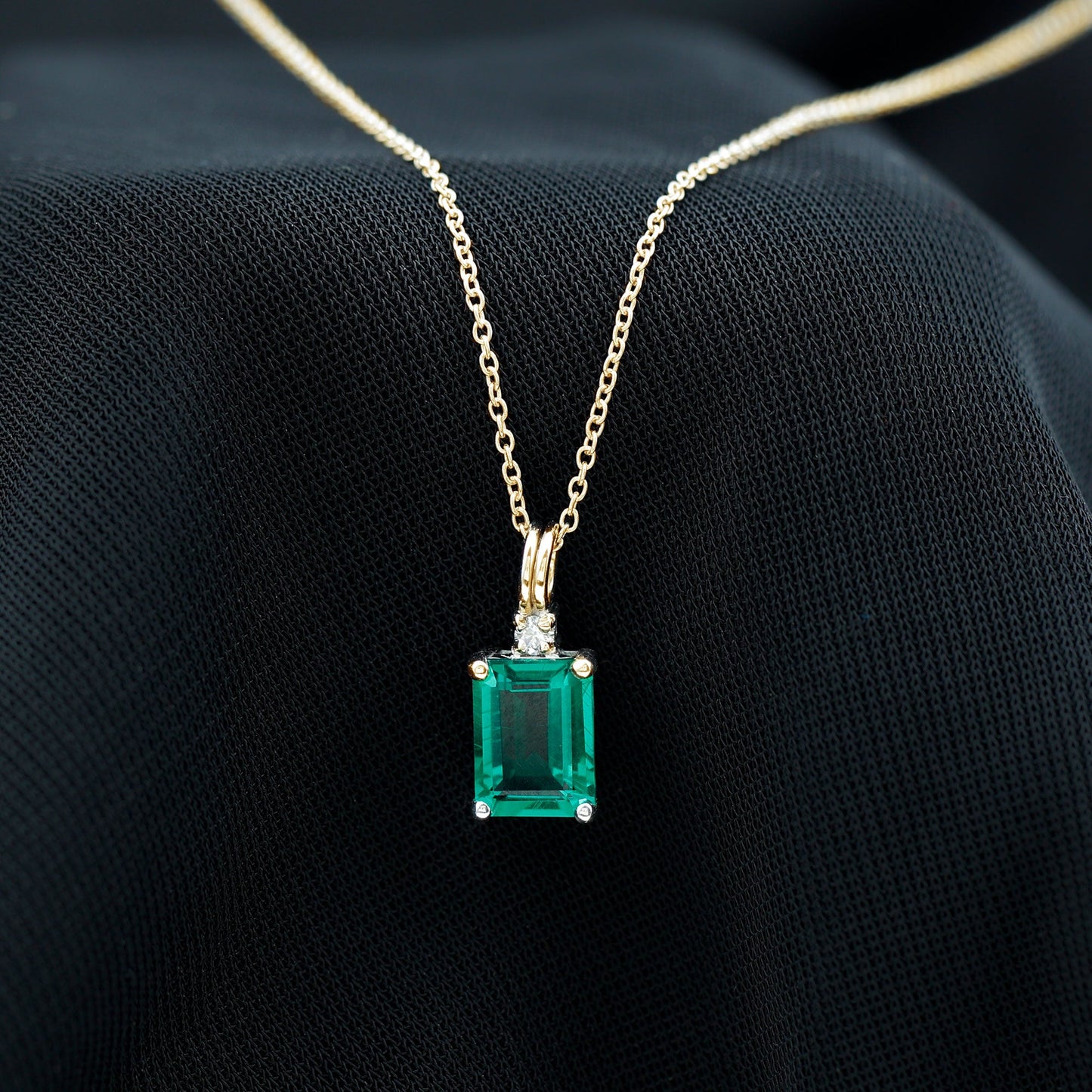 1.6 Carat Emerald Cut Lab Created Emerald Solitaire Necklace with Diamond