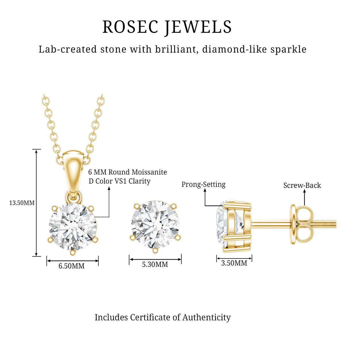 Certified Round Shape Moissanite Solitaire Jewelry Set