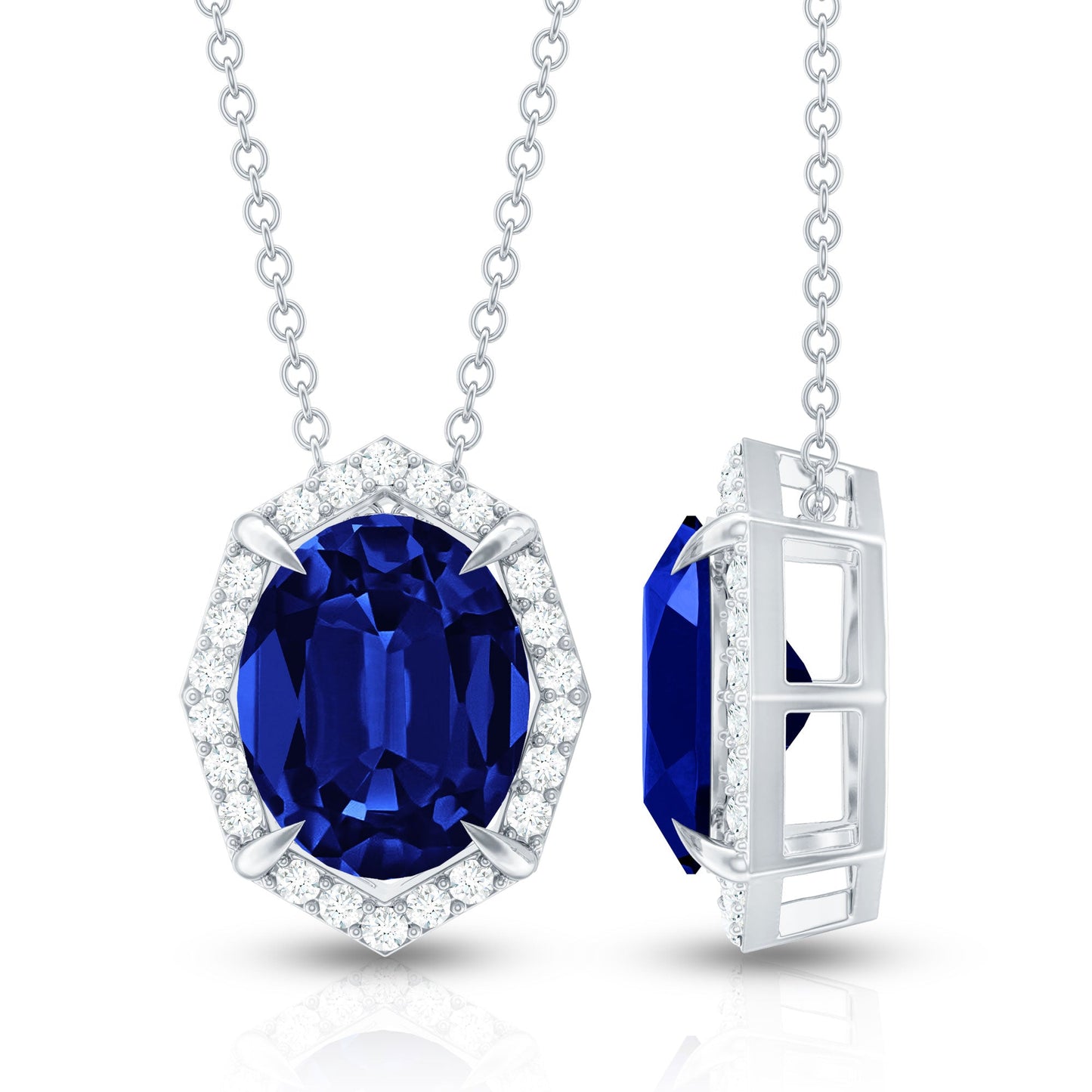Lab Grown Blue Sapphire Art Deco Pendant Necklace with Diamond Halo