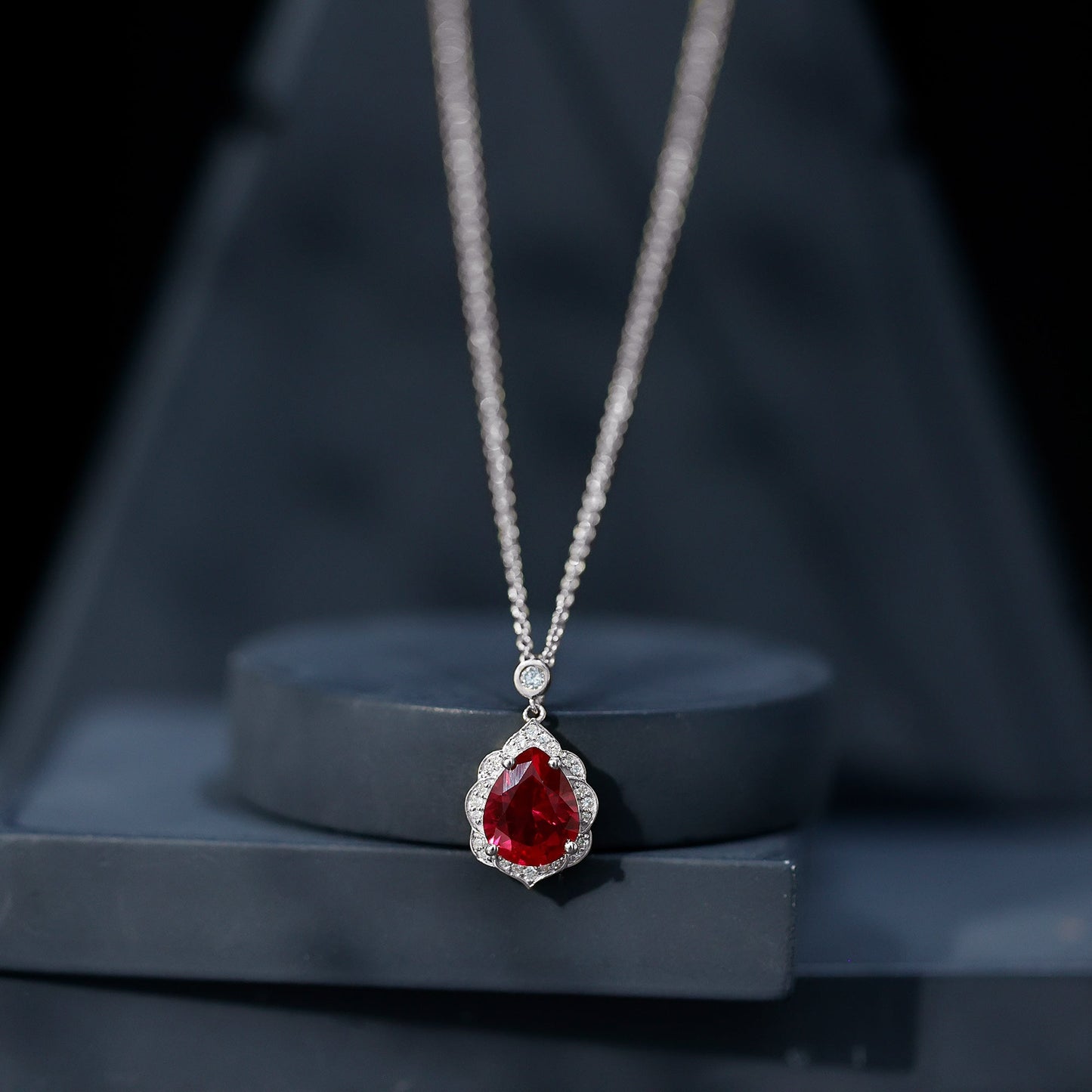 Certified Lab Grown Ruby Vintage Inspired Necklace with Diamond Halo