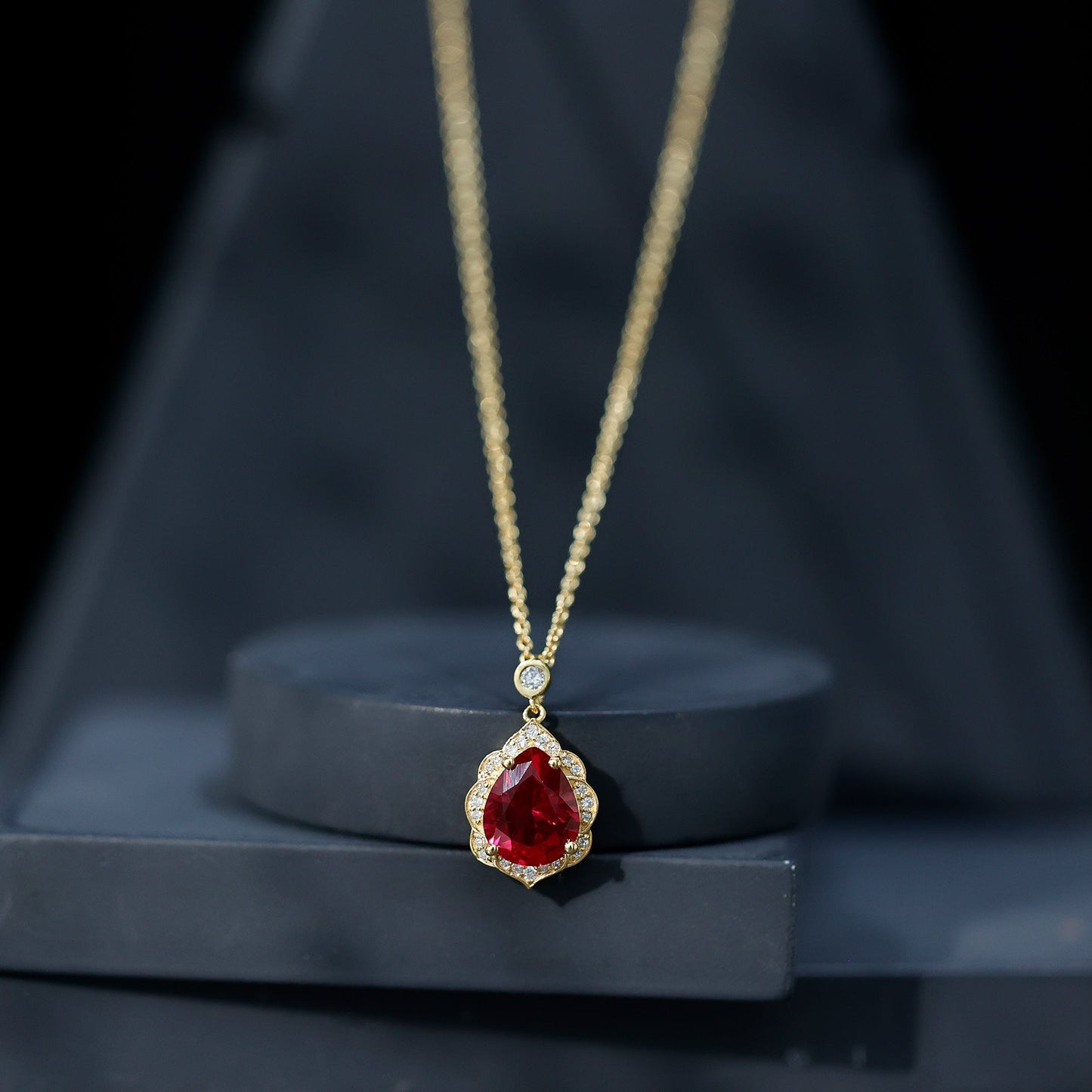 Certified Lab Grown Ruby Vintage Inspired Necklace with Diamond Halo
