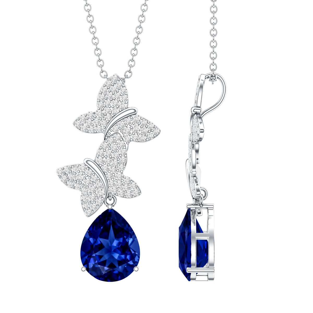 Lab Grown Blue Sapphire Butterflies Pendant Necklace with Diamond
